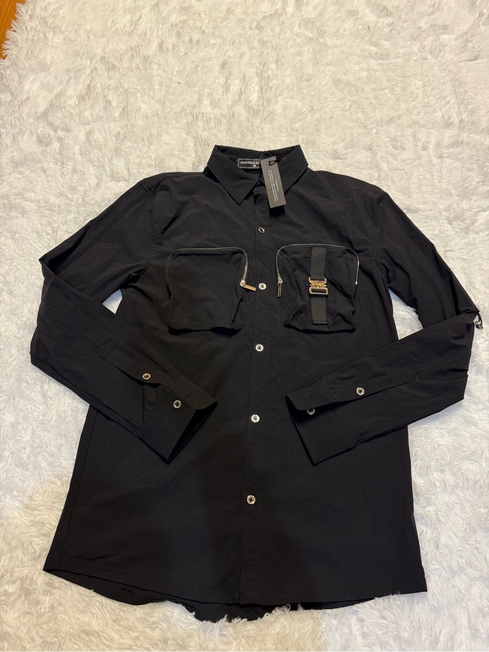 MANIERE DE VOIR MEN'S BLACK NYLON-ELASTANE ROLLUP LONG SLEEVE SHIRT